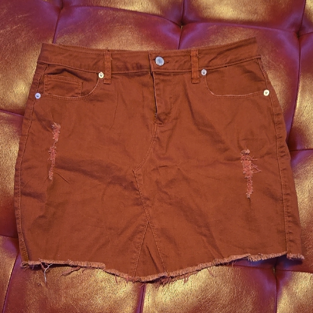 Trendy Brown Distressed Denim Skirt